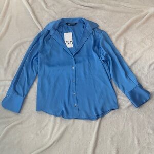 Zara Women's Satin Button-Down Shirt - Size S, Blue